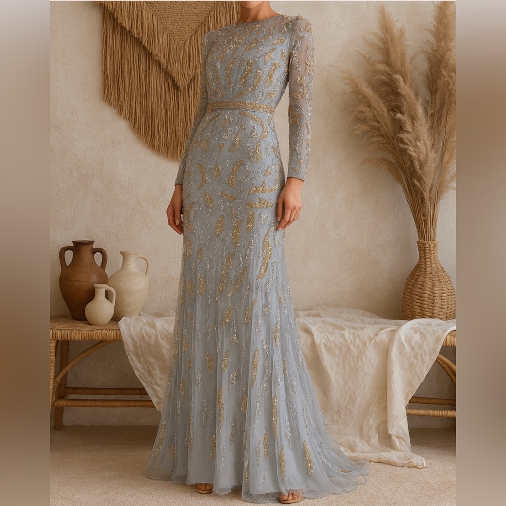 Mac Duggal Blue and Gold Maxi Dress ALTERED FOR PETITE 5ft 3 person.
